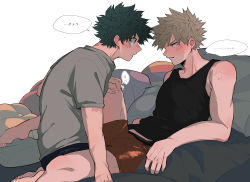 Rule 34 | 2boys, bakugou katsuki, barefoot, black male underwear, black tank top, blonde hair, boku no hero academia, couch, freckles, green hair, grey shirt, hand on another&#039;s knee, highres, looking at another, lying, male focus, male underwear, midoriya izuku, multiple boys, omura (o mr), on back, on couch, red boxer briefs, red eyes, red male underwear, shirt, speech bubble, spiked hair, tank top, translation request, underwear, yaoi