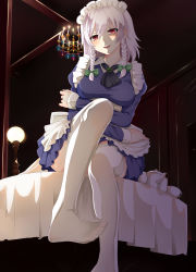 Rule 34 | 1girl, :d, apron, ascot, blue dress, blush, bow, braid, breasts, brooch, chandelier, crossed arms, cup, dress, feet, green bow, hair bow, highres, izayoi sakuya, jewelry, juliet sleeves, legs, long sleeves, looking at viewer, maid, maid headdress, medium breasts, no shoes, nuko (mikupantu), open mouth, puffy sleeves, red eyes, shaded face, short hair, silver hair, sitting, sitting on table, smile, solo, tea set, teacup, teapot, thighhighs, toes, touhou, twin braids, waist apron, white thighhighs