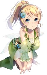 Rule 34 | 10s, 1girl, alternate costume, ayase eli, belt, blonde hair, blue eyes, blue flower, blush, boots, breasts, brown footwear, closed mouth, collarbone, cross-laced clothes, detached sleeves, fairy wings, flower, frills, full body, hair between eyes, hair flower, hair ornament, hair scrunchie, highres, kneeling, long hair, looking at viewer, love live!, love live! school idol festival, love live! school idol project, medium breasts, miu91 (miu91 ), nail polish, open \m/, pink nails, plant, ponytail, rose, scrunchie, sidelocks, simple background, solo, vines, white background, white flower, white rose, wings