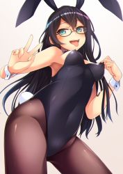 Rule 34 | 1girl, alternate costume, animal ears, armpits, bare shoulders, black-framed eyewear, black hair, blue eyes, blush, bow, bowtie, breasts, cleavage, covered erect nipples, detached collar, fake animal ears, from below, glasses, groin, hairband, highres, kantai collection, leotard, leotard pull, long hair, looking at viewer, medium breasts, mofu namako, ooyodo (kancolle), open mouth, pantyhose, playboy bunny, rabbit ears, rabbit girl, rabbit tail, ribbon, semi-rimless eyewear, sidelocks, smile, solo, tail, thighs, tongue, tongue out, w, wrist cuffs