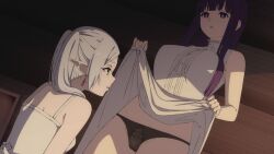 Rule 34 | 2girls, black panties, blunt bangs, breasts, clothes lift, commentary, dress, dress lift, earrings, elf, fern (sousou no frieren), frieren, frilled dress, frills, green eyes, indoors, jewelry, keihh, large breasts, lifted by self, long hair, multiple girls, paid reward available, panties, parted lips, pointy ears, purple eyes, purple hair, shadow, shirt, sleeveless, sleeveless shirt, sousou no frieren, standing, twintails, underwear, white dress, white hair