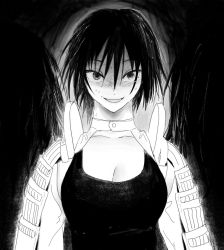 Rule 34 | 1girl, black background, black hair, breasts, cleavage, collarbone, fumetsu no anata e, greyscale, hair between eyes, hayase (fumetsu no anata e), highres, looking at viewer, mabelmine, monochrome, open mouth, short hair, smile, solo, straight-on, upper body