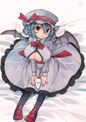 Rule 34 | 1girl, alternate breast size, aoi kujira, bat wings, bed, black pantyhose, blue hair, breasts, circle skirt, cleavage, cleavage cutout, clothing cutout, commentary request, dress, frills, glass, hat, large breasts, looking at viewer, looking up, milk, mob cap, open mouth, pantyhose, raised eyebrows, red eyes, red footwear, remilia scarlet, shoes, solo, touhou, wings
