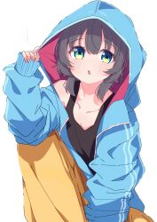 Rule 34 | 1girl, absurdres, black hair, black tank top, blue eyes, blue jacket, blush, collarbone, commentary, hair between eyes, hand up, highres, hololive, hood, hood up, hooded jacket, jacket, knee up, long sleeves, looking at viewer, natsuiro matsuri, okota mikan, pants, parted lips, puffy long sleeves, puffy sleeves, simple background, sitting, sleeves past wrists, solo, symbol-only commentary, tank top, virtual youtuber, white background, yellow pants