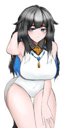 Rule 34 | 1girl, absurdres, adapted costume, alternate hair length, alternate hairstyle, arknights, arm up, armpits, bare shoulders, black hair, blue eyes, blue hair, blush, breasts, bright pupils, closed mouth, colored inner hair, covered navel, cowboy shot, hand in own hair, highres, jewelry, kjera (arknights), large breasts, leaning forward, leotard, looking at viewer, multicolored hair, necklace, simple background, solo, steaming body, tail, thigh gap, wawamachi (wawamachis), white background, white hair, white leotard