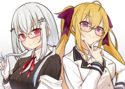 Rule 34 | 2girls, ahoge, black-framed eyewear, blonde hair, blush, bow, breasts, choco tanuki, closed mouth, glasses, gloves, grey hair, hair bow, hakase fuyuki, highres, large breasts, long hair, long sleeves, looking at viewer, low twintails, multiple girls, nijisanji, red-framed eyewear, red bow, red eyes, smile, takamiya rion, twintails, virtual youtuber, white gloves