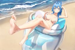 Rule 34 | 1girl, absurdres, barefoot, beach, bikini, blue eyes, blue hair, feet, highres, jewelry, licking lips, light blush, long hair, looking at viewer, pointy ears, smile, soles, swimsuit, toe ring, toes, tongue, tongue out