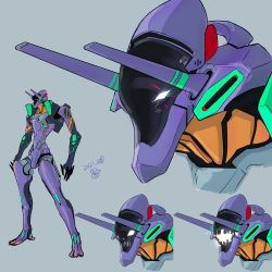 Rule 34 | character sheet, dated, eva 01, grey background, highres, horns, looking ahead, mecha, moi moi7, multiple views, neon genesis evangelion, no humans, open hands, open mouth, redesign, robot, science fiction, white eyes
