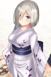 Rule 34 | 10s, 1girl, absurdres, alternate costume, bag, blue eyes, breasts, collarbone, eyebrows, floral print, hair ornament, hair over one eye, hairclip, hamakaze (kancolle), handbag, highres, holding hands, japanese clothes, kantai collection, kimono, long sleeves, looking at viewer, medium breasts, obi, out of frame, sash, short hair, silver hair, simple background, solo focus, white kimono, wide sleeves, wosero, yukata