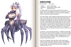 Rule 34 | 1girl, arachne, arachne (monster girl encyclopedia), arthropod girl, arthropod limbs, blush, breasts, bug, character profile, cleavage, elbow gloves, english text, gloves, hard-translated, insect girl, kenkou cross, large breasts, long hair, midriff, monster girl, monster girl encyclopedia, official art, pointy ears, ponytail, red eyes, silver hair, solo, spider, spider girl, taur, text focus, third-party edit, translated