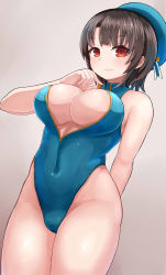 Rule 34 | 10s, 1girl, blush, breasts, brown hair, cameltoe, cleavage, cleavage cutout, clothing cutout, covered navel, curvy, female focus, front zipper swimsuit, hat, highres, kantai collection, large breasts, looking at viewer, meme attire, okitsugu, one-piece swimsuit, short hair, smile, solo, swimsuit, takao (kancolle), thick thighs, thighs, wide hips