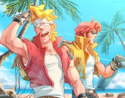 Rule 34 | 2boys, backpack, bag, beach, belt, binoculars, black gloves, blonde hair, collared vest, commentary, crate, dated commentary, gloves, hand on another&#039;s shoulder, male focus, marco rossi, medium hair, metal slug, missile, multiple boys, muscular, muscular male, open mouth, outdoors, palm tree, parachute, pointy nose, red hair, red vest, sasisage, shirt, sideburns, sleeveless, sleeveless shirt, sunglasses, tarma roving, taut clothes, taut shirt, teeth, tree, upper body, upper teeth only, vest, white shirt, yellow vest