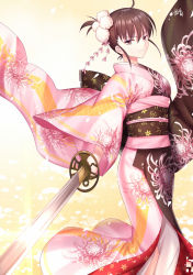Rule 34 | 1girl, ahoge, back bow, bow, brown bow, brown eyes, brown hair, brown kimono, chrysanthemum print, closed mouth, commentary request, floral print, gogatsu fukuin, hair between eyes, hair ornament, highres, holding, holding sword, holding weapon, japanese clothes, kara no kyoukai, katana, kimono, long sleeves, looking at viewer, multicolored clothes, multicolored kimono, obi, outstretched arm, pink kimono, print kimono, ryougi shiki, ryougi shiki (second ascension), sash, solo, standing, sword, v-shaped eyebrows, weapon, wide sleeves