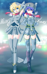 Rule 34 | 2girls, blonde hair, blue eyes, blue hair, christmas, cyrillic, english text, f-22, highres, mecha musume, military, multiple girls, original, pak fa, personification, red eyes, robot ears, russian text, salute, scarf, t-50, thighhighs, zephyr164
