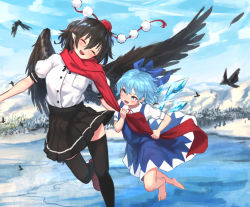 Rule 34 | 2girls, ^ ^, barefoot, black hair, black legwear, black skirt, black wings, blue bow, blue dress, blue eyes, blue hair, blush, bow, cirno, closed eyes, commentary request, day, detached wings, dress, closed eyes, feathered wings, feathers, hair bow, ice, ice wings, multiple girls, open mouth, outdoors, pleated skirt, pointy ears, red headwear, red scarf, roke (taikodon), scarf, scarf pull, shameimaru aya, shirt, shoes, short hair, short sleeves, skirt, smile, snow, thighhighs, touhou, white shirt, wings