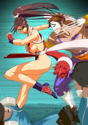 Rule 34 | 1girl, balrog (street fighter), battle, breasts, crossover, fatal fury, highres, large breasts, long hair, ponytail, shiranui mai, street fighter