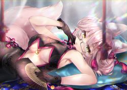 Rule 34 | 1girl, absurdres, animal ears, bare shoulders, bell, black dress, black gloves, blush, breasts, center opening, china dress, chinese clothes, cleavage, commentary request, dress, fate/grand order, fate (series), fox ears, fox girl, fox tail, glasses, gloves, hair between eyes, hand fan, hane yuki, highres, jingle bell, koyanskaya (chinese lostbelt outfit) (fate), koyanskaya (fate), large breasts, long hair, looking at viewer, lying, no bra, on side, pink hair, solo, tail, tamamo (fate), tassel, underboob, yellow eyes