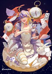 Rule 34 | 1boy, ace (playing card), ace of hearts, alice in wonderland, antenna hair, apron, artist name, aster arcadia, blonde hair, blue background, bow, breto (wen mu huo), cake, card, cheshire cat (alice in wonderland), choker, club (shape), commentary, crossdressing, cup, diamond (shape), diamond earrings, dress, earrings, english commentary, eyelashes, fangs, food, frilled apron, frilled dress, frills, grin, hair between eyes, heart, heterochromia, highres, holding, holding cup, holding plate, horn (instrument), jewelry, kneeling, looking at viewer, male focus, medium hair, multicolored hair, mushroom, nijisanji, nijisanji en, open mouth, parted bangs, plate, playing card, pocket watch, puffy short sleeves, puffy sleeves, purple dress, purple eyes, purple hair, rabbit, ribbon, round teeth, saucer, short sleeves, sidelocks, simple background, six of clubs, six of diamonds, smile, spade (shape), spade earrings, sparkle, streaked hair, striped clothes, striped thighhighs, tea, teacup, teeth, ten of spades, thighhighs, tongue, twitter logo, twitter username, two-tone hair, virtual youtuber, watch, watermark, white apron, white thighhighs, yellow bow, yellow choker, yellow eyes, yellow ribbon