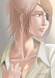 Rule 34 | 1girl, 535, breasts, brown eyes, brown hair, check commentary, cleavage, collar tug, collarbone, collared shirt, commentary, commentary request, eyelashes, eyepatch, glasses, hange zoe, highres, lips, looking to the side, medium breasts, open clothes, open shirt, parted lips, ponytail, portrait, shingeki no kyojin, shirt, sidelocks, signature, simple background, sweat, turning head, upper body