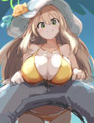 Rule 34 | 1girl, albacrow ill, bikini, blue archive, breasts, cleavage, collarbone, hat, highres, innertube, large breasts, light brown hair, long hair, looking at viewer, nonomi (blue archive), nonomi (swimsuit) (blue archive), sketch, smile, solo, straight hair, sun hat, swim ring, swimsuit, yellow bikini