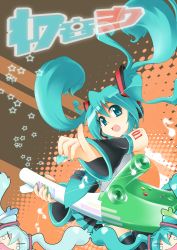 Rule 34 | 1girl, aqua eyes, aqua hair, bokushi, detached sleeves, fang, hatsune miku, headphones, headset, highres, instrument, long hair, necktie, open mouth, pinky out, skirt, solo, spring onion, themed object, thighhighs, twintails, vocaloid