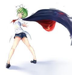 Rule 34 | 1girl, :d, antennae, black cape, black footwear, breasts, cape, collared shirt, foreshortening, full body, green eyes, green hair, highres, long sleeves, looking at viewer, lumo 1121, matching hair/eyes, neck ribbon, open mouth, red ribbon, ribbon, shirt, shoes, short hair, short shorts, shorts, small breasts, smile, solo, touhou, white shirt, wriggle nightbug