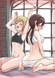 Rule 34 | 1girl, armpits, ass, bed, black tank top, blonde hair, blush, bottomless, bra, breasts, brown hair, butt crack, closed eyes, erica hartmann, gertrud barkhorn, highres, indoors, large breasts, long hair, momendoufu, navel, no panties, on bed, panties, short hair, small breasts, solo, stretching, tank top, tears, twintails, underwear, white bra, white panties, world witches series, yawning