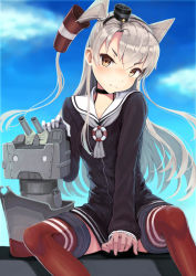 Rule 34 | 10s, 1girl, amatsukaze (kancolle), arm support, bad id, bad pixiv id, black dress, blonde hair, blush, brown eyes, dress, gloves, hair tubes, kantai collection, long hair, md5 mismatch, red thighhighs, rensouhou-kun, ryuinu, sailor dress, silver hair, sitting, solo, striped clothes, striped thighhighs, sweat, thighhighs, twintails, two side up