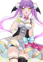 Rule 34 | 1girl, black thighhighs, blue bow, blurry, blush, bow, breasts, cleavage, collarbone, corset, cowboy shot, detached collar, dress, fangs, gloves, green eyes, hair ornament, hairclip, hand on own chest, head wings, heart, heart tattoo, highres, hololive, leg tattoo, long hair, looking at viewer, medium breasts, multicolored hair, open mouth, pink hair, pleated skirt, pointy ears, purple hair, ruwo benzen, simple background, single thighhigh, skirt, sleeveless, sleeveless dress, solo, streaked hair, tattoo, thigh strap, thighhighs, thighs, tokoyami towa, twintails, two-tone hair, virtual youtuber, white background, white dress, white gloves, white skirt, wings