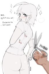 Rule 34 | 1girl, 1other, artist request, ass, assisted exposure, embarrassed, english text, highres, milestone celebration, mole, mole on ass, original, pale skin, scissors, short hair, spot color, twitter strip game (meme)
