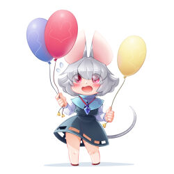 Rule 34 | 1girl, animal ears, balloon, bbb (33kudo), blue capelet, blush, capelet, commentary request, crystal, eyes visible through hair, flat chest, flying sweatdrops, full body, grey hair, grey skirt, grey vest, hair between eyes, highres, holding, holding balloon, jewelry, long sleeves, looking at viewer, medium bangs, mouse ears, mouse girl, mouse tail, nazrin, no panties, open mouth, pendant, red eyes, shirt, short hair, simple background, skirt, smile, solo, standing, tail, touhou, vest, white background, white shirt