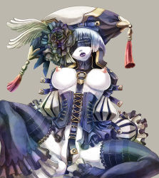 Rule 34 | 1girl, bdsm, blindfold, blue hair, breasts, collar, colored skin, corset, hat, key-chang, large breasts, nipples, original, partially visible vulva, short hair, solo, thighhighs, white skin