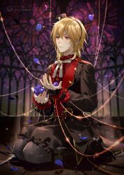 Rule 34 | 1boy, blonde hair, boots, commentary request, earrings, ensemble stars!, flower, frilled shirt collar, frilled sleeves, frills, hat, highres, jewelry, long sleeves, male focus, medium hair, nito nazuna, parted lips, petals, red eyes, ribbon, rrr (reason), seiza, sitting, solo, spoilers, string, twitter username, watermark, white ribbon