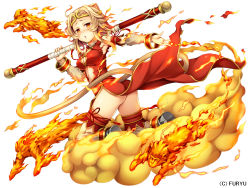 Rule 34 | 1girl, :o, animal ears, arm up, armpits, ass, blush, bracelet, brown hair, china dress, chinese clothes, circlet, cleavage cutout, clothing cutout, cloud, company name, dress, fire, full body, fur, half-closed eyes, highres, holding, holding staff, holding weapon, jewelry, kneeling, looking at viewer, looking back, momochi (monmusume-harem), monkey, monkey girl, monmusu-harem, monmusu harem, monmusume-harem, namaru (summer dandy), no panties, official art, orange eyes, outstretched hand, over shoulder, pyrokinesis, short hair, simple background, solo, staff, sun wukong, tail, torn clothes, twisted torso, weapon, weapon over shoulder, white background