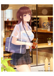 Rule 34 | 1girl, ahoge, alexiel (pixiv6211566), bag, blue bra, blunt bangs, bookshelf, border, bra, bra visible through clothes, bracelet, breasts, brown hair, cafe, checkered clothes, checkered skirt, closed mouth, collared shirt, commentary request, counter, cowboy shot, cup, dress shirt, glass, highres, holding, holding cup, holding tie, jewelry, large breasts, long hair, necktie, original, plant, purple eyes, school bag, school uniform, see-through, shirt, short sleeves, sidelocks, skirt, smile, solo, standing, storefront, thighs, underwear, undone necktie, uniform, wet, wet clothes, white border, white shirt, window
