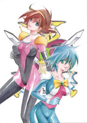 Rule 34 | 1girl, 2girls, allenby beardsley, blue bodysuit, blue eyes, blue hair, bodysuit, bow, breasts, brown hair, choker, earrings, emblem, g gundam, green eyes, gundam, hairband, heart, jewelry, large breasts, lipstick, makeup, medium breasts, mobile trace suit, multicolored clothes, multiple girls, open mouth, rain mikamura, ribbon, short hair, skin tight, smile, sword, traditional media, weapon, yellow bow