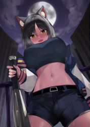 Rule 34 | 1girl, animal ear fluff, animal ears, baseball bat, black hair, blush, breasts, cat ears, cityscape, commission, covered erect nipples, cowboy shot, crop top, empty eyes, fang, from below, hair between eyes, jacket, kamchrome, large breasts, letterman jacket, linea alba, long hair, looking at viewer, looking down, midriff, moon, navel, night, night sky, open mouth, original, shirt, short shorts, shorts, skin fang, sky, solo, taut clothes, taut shirt, yellow eyes