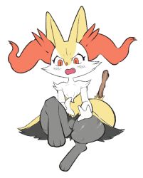 Rule 34 | 1girl, angry, animal ear fluff, animal ears, animal hands, blush, box (hajimeyou654), braixen, creatures (company), embarrassed, fangs, female focus, fox ears, fox tail, full body, furry, furry female, game freak, gen 6 pokemon, highres, invisible chair, leg up, looking down, nintendo, no pussy, open mouth, outstretched arms, pokemon, pokemon (creature), red eyes, simple background, sitting, solo, stick, tail, thick thighs, thighs, white background