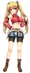 Rule 34 | 1girl, bare shoulders, bike shorts, blonde hair, blush, boots, breasts, clothes around waist, covered erect nipples, cross-laced footwear, detached sleeves, full body, hair ribbon, hand on own hip, highres, large breasts, long hair, midriff, navel, original, ribbon, shorts, simple background, smile, solo, striped, striped sleeves, sweater, sweater around waist, twintails, two side up, underboob, uni8, very long hair, white background, yellow eyes
