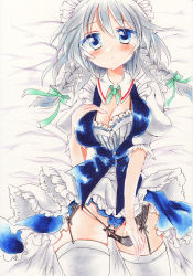 Rule 34 | 1girl, apron, bad id, bad pixiv id, bed, blue eyes, blush, braid, breasts, cleavage, cowboy shot, frills, garter straps, hand on own chest, izayoi sakuya, large breasts, long hair, lying, maid, maid apron, maid headdress, on back, open mouth, panties, panty lift, panty pull, silver hair, solo, tareme, thighhighs, touhou, twin braids, underwear, wminiminiw
