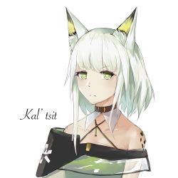 Rule 34 | 1girl, animal ears, arknights, bare shoulders, character name, detached collar, frown, green hair, highres, kal&#039;tsit (arknights), krisame amane, material growth, oripathy lesion (arknights), see-through, short hair, simple background, solo, upper body, white background, white hair