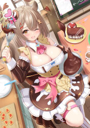 Rule 34 | 1girl, absurdres, ahoge, animal ears, apron, ascot, asymmetrical legwear, blue bow, blue brooch, bow, braid, breasts, brooch, brown eyes, brown headwear, brown skirt, brown sleeves, candy, chocolate, chocolate heart, cleavage, coffee mug, collar, cookie, cup, detached collar, detached sleeves, elegant (sumisumi4268), fang, food, food-themed hair ornament, frilled skirt, frills, gingerbread man hair ornament, hair ornament, hat, hat bow, heart, heart ahoge, heart brooch, heart o-ring, highres, holding, holding utensil, holding whisk, jewelry, kneehighs, large breasts, mini hat, mini top hat, mixing bowl, mug, multicolored hair, o-ring, o-ring thigh strap, one eye closed, open mouth, original, pink ascot, pink bow, pink ribbon, red hair, ribbon, single thighhigh, skin fang, skirt, socks, squirrel ears, squirrel girl, squirrel tail, streaked hair, striped clothes, striped thighhighs, tail, thigh strap, thighhighs, top hat, vertical-striped clothes, vertical-striped thighhighs, whisk, white collar, white socks, white thighhighs, wooden floor, yellow apron