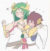 Rule 34 | 1boy, 1girl, age difference, angel, angel wings, animated, blush, grabbing another&#039;s breast, breasts, brown hair, cleavage, dress, grabbing, grabbing from behind, green eyes, heart, heart-shaped pupils, height difference, hetero, kid icarus, kid icarus uprising, long hair, nintendo, palutena, short hair, sweat, symbol-shaped pupils, video, white-stew, white dress, wings