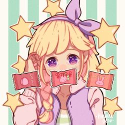 Rule 34 | 1girl, artist name, blonde hair, bow, braid, covered mouth, food, fruit, hairband, hanaan, hand up, long hair, long sleeves, looking at viewer, original, outline, purple bow, purple eyes, purple hairband, solo, star-shaped pupils, star (symbol), strawberry, striped, striped background, symbol-shaped pupils, vertical stripes, white outline, wrapper