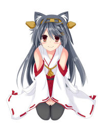 Rule 34 | 10s, 1girl, :3, animal ears, bare shoulders, black hair, black thighhighs, blush, brown eyes, cat ears, detached sleeves, hairband, haruna (kancolle), japanese clothes, kantai collection, kemonomimi mode, long hair, looking at viewer, open mouth, personification, ribbon-trimmed sleeves, ribbon trim, seiza, simple background, sitting, skirt, smile, solo, takanashi kou, thighhighs, white background