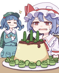 Rule 34 | 2girls, absurdres, backpack, bag, blue hair, blue shirt, blue skirt, blush stickers, chair, closed eyes, closed mouth, collared shirt, cucumber, cucumber slice, fang, flat cap, food, green headwear, hair bobbles, hair ornament, hat, highres, kame (kamepan44231), kawashiro nitori, key, long sleeves, mob cap, multiple girls, one-hour drawing challenge, open mouth, pointy ears, pudding, red eyes, remilia scarlet, shirt, short hair, short sleeves, simple background, sitting, skirt, smile, sparkle, touhou, two side up, vegetable, white background, white headwear, white shirt