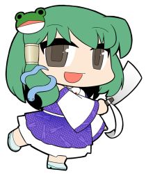 Rule 34 | 1girl, :d, chibi, detached sleeves, female focus, frog, frog hair ornament, full body, gohei, green hair, grey eyes, hair ornament, hair tubes, high heels, kochiya sanae, long hair, looking at viewer, no nose, oonusa, open mouth, shoes, simple background, skirt, skirt set, smile, snake, snake hair ornament, solo, standing, standing on one leg, touhou, ume (noraneko), white background, wide sleeves
