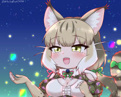 Rule 34 | 1girl, animal ears, bare shoulders, camouflage, cat ears, cat girl, cat tail, elbow gloves, extra ears, fingerless gloves, gloves, green eyes, grey hair, highres, jacket, jungle cat (kemono friends), kemono friends, kemono friends v project, long hair, mabuta (mbt), microphone, night, night sky, ribbon, shirt, sky, solo, star (sky), starry sky, tail, upper body, virtual youtuber