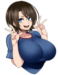 Rule 34 | 1girl, absurdres, arms up, blue eyes, blue shirt, borrowed character, breasts, brown hair, double v, eyebrows, highres, huge breasts, hz (666v), keno (keno ch), original, shirt, short hair, short sleeves, simple background, t-shirt, upper body, v, white background