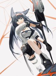 Rule 34 | 1girl, :d, animal ears, arknights, black footwear, black gloves, black hair, black shorts, black wristband, blaze (arknights), blue eyes, breasts, cat ears, cleavage, dumenggu, dutch angle, gloves, hairband, highres, holding, infection monitor (arknights), long hair, long sleeves, looking at viewer, open mouth, red hairband, shorts, smile, solo, thigh strap, very long hair, white background